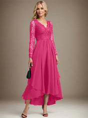 A-line V-Neck Asymmetrical Lace Chiffon Mother of the Bride Dress