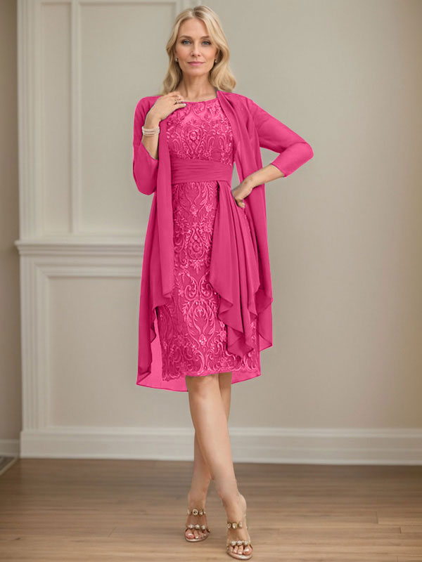 Column Scoop Illusion Knee-Length Lace Chiffon Mother of the Bride Dress With Cascading Ruffles Sequins