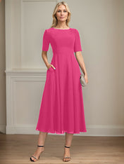 A-line Scoop Tea-Length Chiffon Mother of the Bride Dress With Appliques Lace Sequins