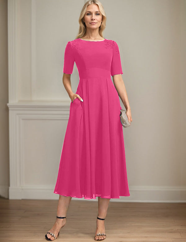 A-line Scoop Tea-Length Chiffon Mother of the Bride Dress With Appliques Lace Sequins