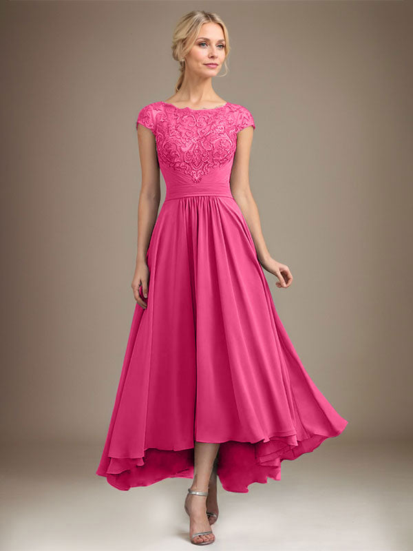 A-line Scoop Illusion Asymmetrical Lace Chiffon Mother of the Bride Dress With Pleated