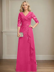 A-line Collared V-Neck Floor-Length Lace Chiffon Mother of the Bride Dress With Sequins Cascading Ruffles