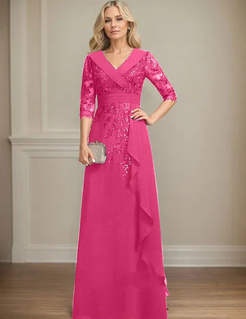 Robe de mère de la mariée trapèze, col en V, longueur au sol, en mousseline de soie et dentelle, avec volants en cascade et paillettes 