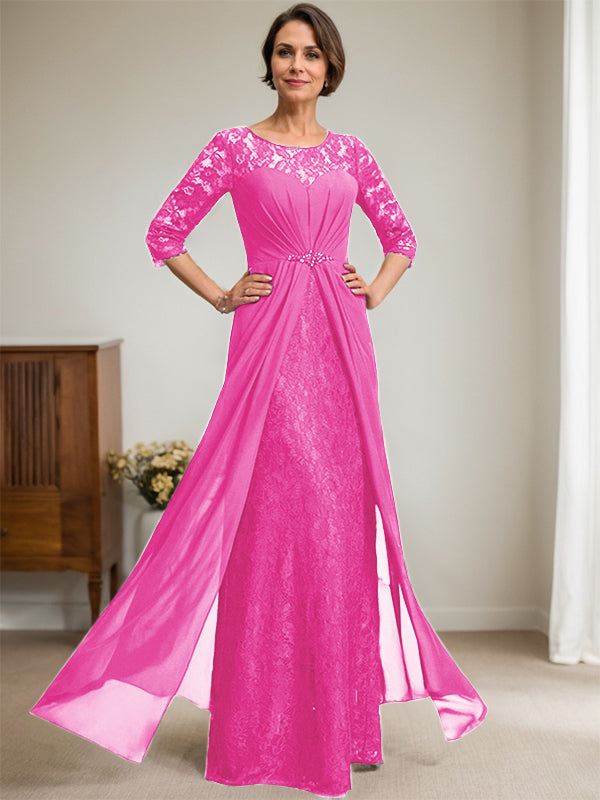 A-Line Scoop Illusion Floor-Length Lace Chiffon Mother Of the Bride Dress With Beading Ruffles
