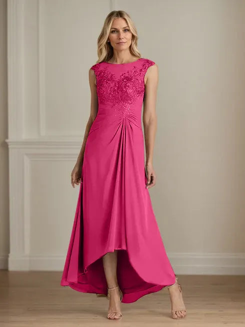 Champagne A-Line Scoop Lace Chiffon Dress