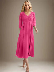 A-line V-Neck Tea-Length Chiffon Lace Mother of the Bride Dress With Beading