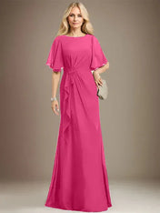 A-line Scoop Floor-Length Chiffon Mother of the Bride Dress With Cascading Ruffles Beading Sequins