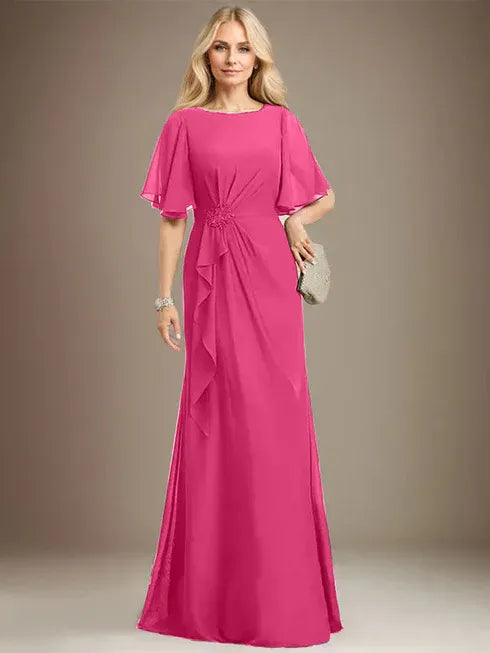 A-line Scoop Floor-Length Chiffon Mother of the Bride Dress With Cascading Ruffles Beading Sequins