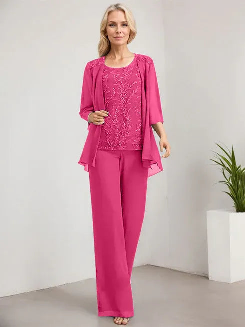Pantsuit Scoop Floor-Length Lace Chiffon Mother of the Bride Dress With Sequins