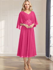 A-line V-Neck Tea-Length Chiffon Mother of the Bride Dress With Pleated Sequins Appliques Lace Beadind