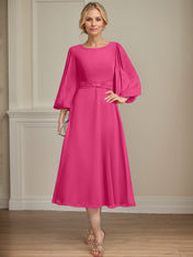 A-line Scoop Tea-Length Chiffon Mother of the Bride Dress With Crystal Brooch Pleated