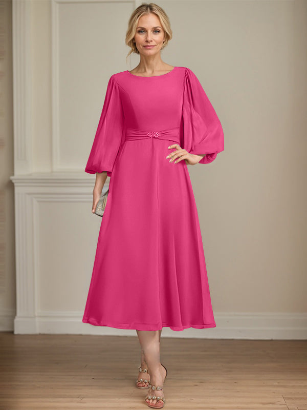 A-line Scoop Tea-Length Chiffon Mother of the Bride Dress With Crystal Brooch Pleated