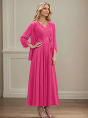 A-line V-Neck Ankle-Length Chiffon Mother of the Bride Dress With Sequins Appliques Lace Beading