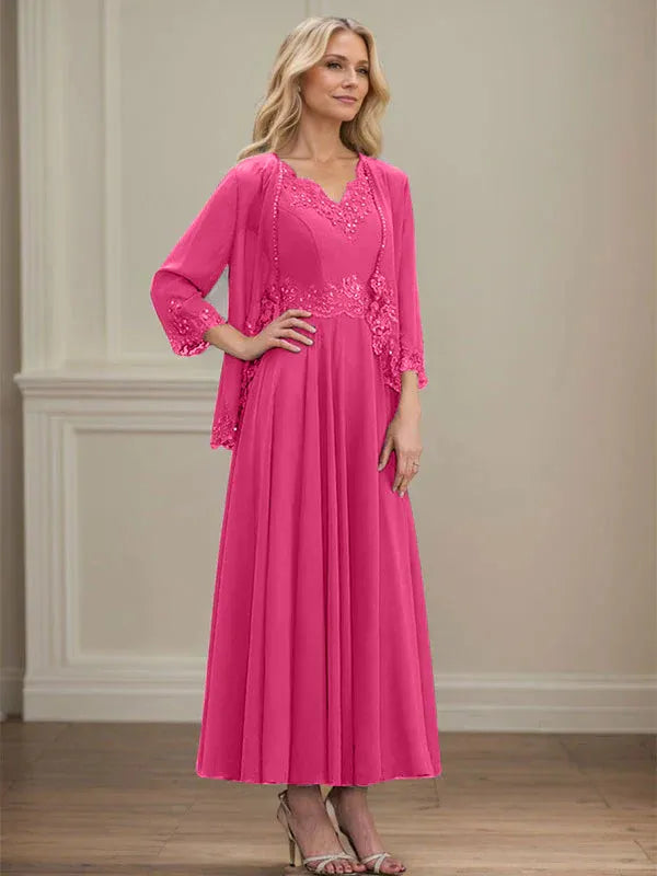 A-line V-Neck Ankle-Length Chiffon Mother of the Bride Dress With Sequins Appliques Lace Beading