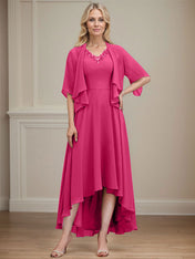 A-line V-Neck Asymmetrical Chiffon Mother of the Bride Dress With Beading Sequins
