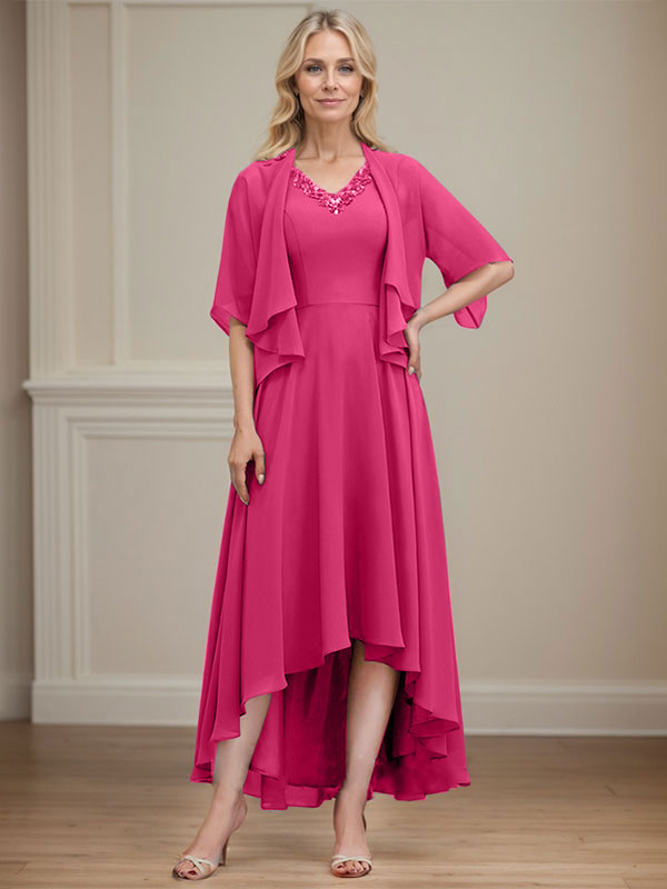 A-line V-Neck Asymmetrical Chiffon Mother of the Bride Dress With Beading Sequins