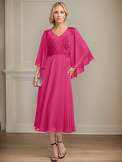 A-line V-Neck Tea-Length Chiffon Lace Mother of the Bride Dress With Beading Sequins