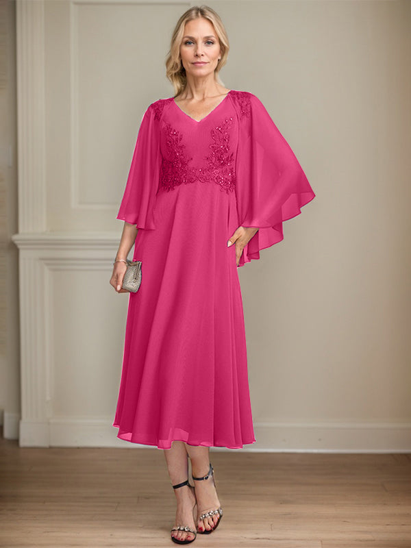 A-line V-Neck Tea-Length Chiffon Lace Mother of the Bride Dress With Beading Sequins