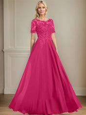 A-line Scoop Illusion Floor-Length Chiffon Lace Mother of the Bride Dress With Sequins Beading