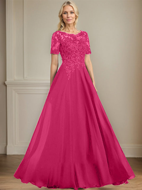 A-line Scoop Illusion Floor-Length Chiffon Lace Mother of the Bride Dress With Sequins Beading
