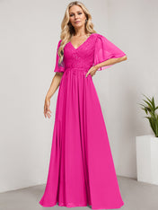 A-line V-Neck Floor-Length Lace Chiffon Mother of the Bride Dress With Sequins