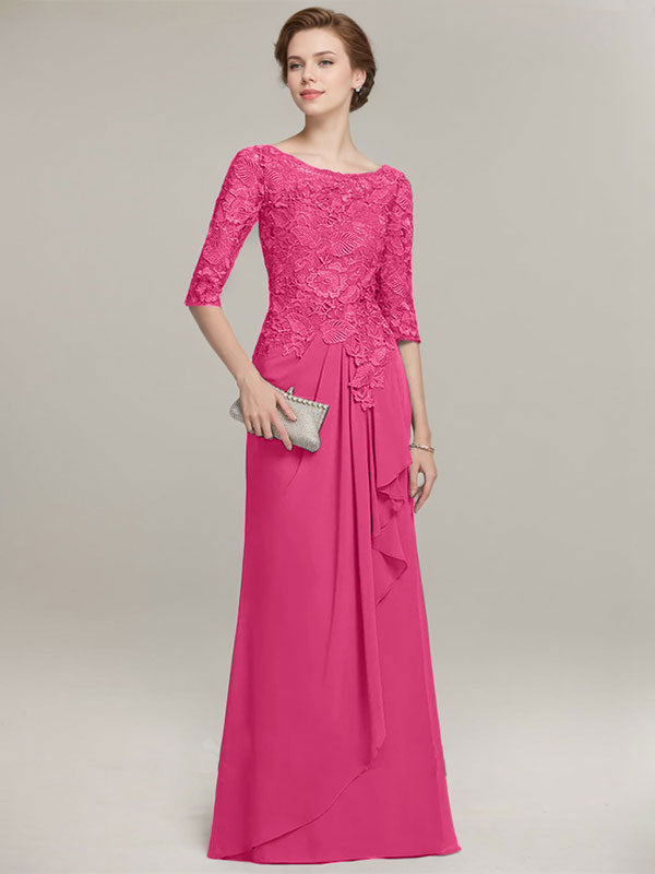 A-line Scoop Illusion Floor-Length Lace Chiffon Mother of the Bride Dress With Cascading Ruffles
