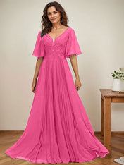 A-line V-Neck Floor-Length Chiffon Mother of the Bride Dress With Sequins Appliques Lace Pleated
