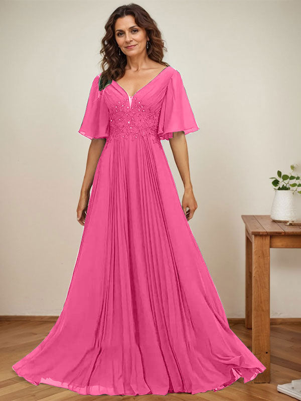 A-line V-Neck Floor-Length Chiffon Mother of the Bride Dress With Sequins Appliques Lace Pleated