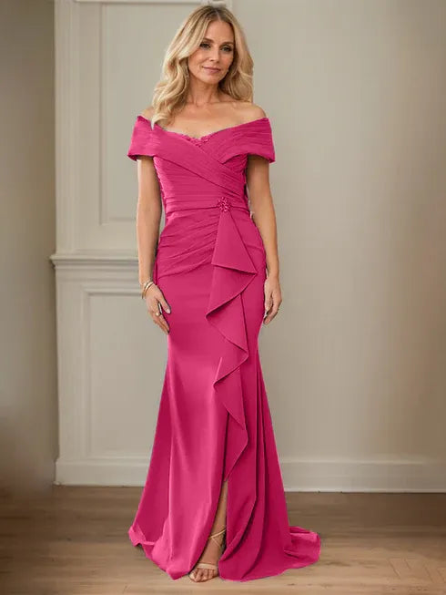 Column V-Neck Illusion Floor-Length Lace Chiffon Mother of the Bride Dress With Pleated Sequins