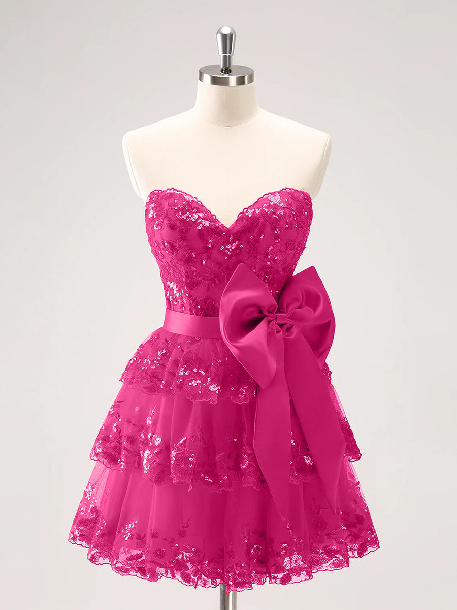 Sparkly A Line Sweetheart Corset Tiered Ruffle Homecoming Dress with Bows