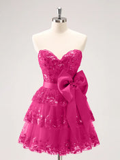 Sparkly A Line Sweetheart Corset Tiered Ruffle Homecoming Dress with Bows