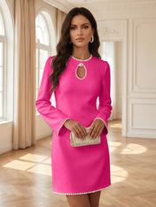 White Pearl Hollow Out Classic Crew Neck Long Sleeve Shift Mini Dress Gown