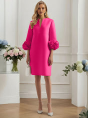 3D Floral Classic Notched Long Sleeve A-Line Midi Dress