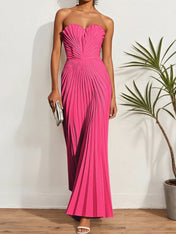 White Pleated Classic Strapless Sleeveless A-Line Maxi Dress