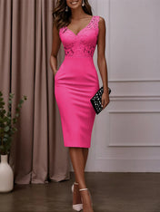 Pink Lace Hotfix Embellished Classic V Neck Sleeveless Sheath Midi Dress