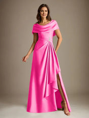 A-Line Scoop Floor-Length Stretch Satin Mother of the Bride Dress With Cascading Ruffles