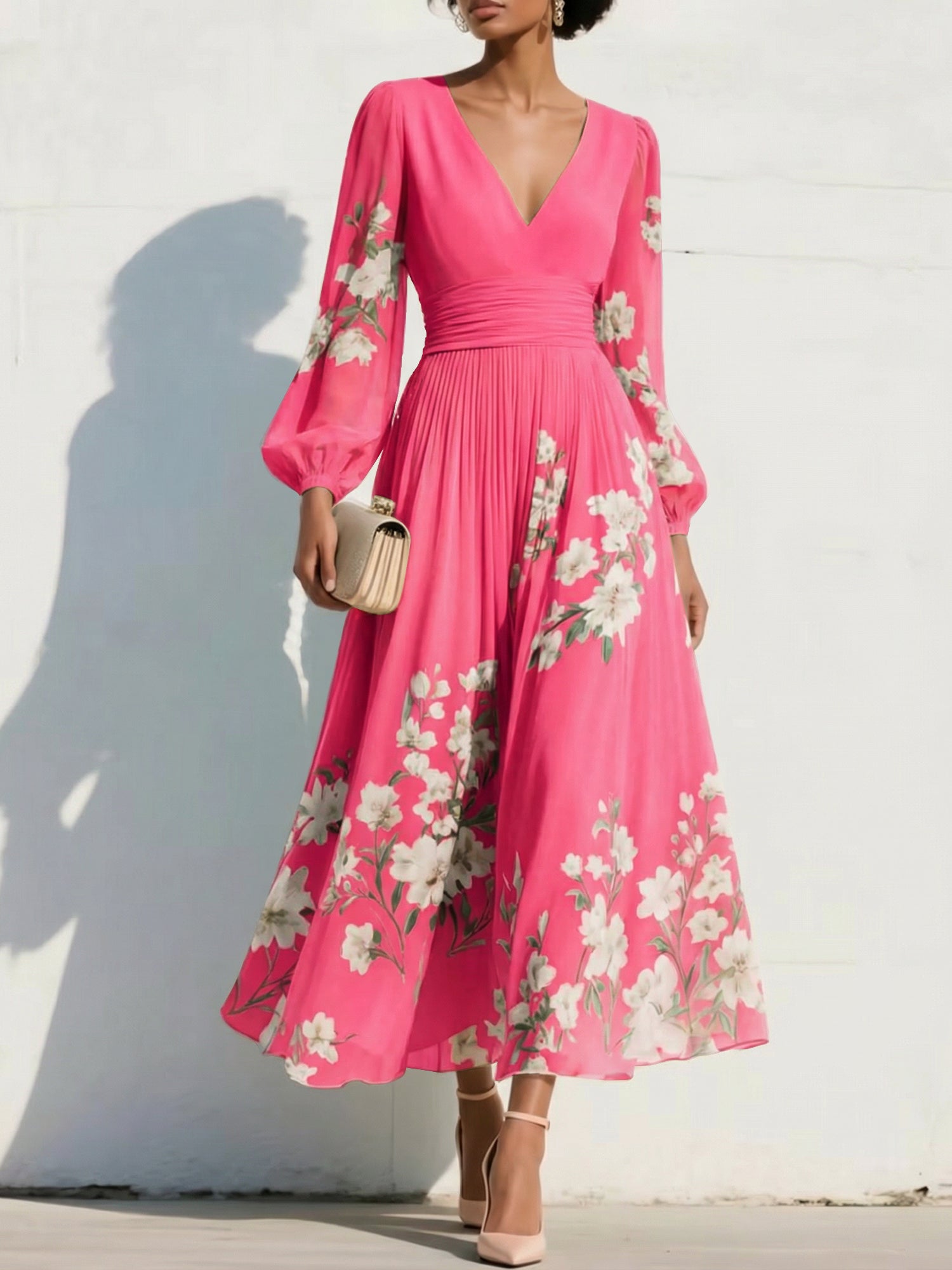 Elegant Floral V-Neck Pleated Midi Dress with Long Sleeves