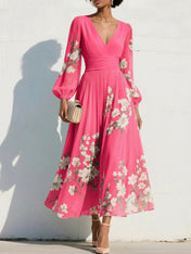 Elegant Floral V-Neck Pleated Midi Dress with Long Sleeves