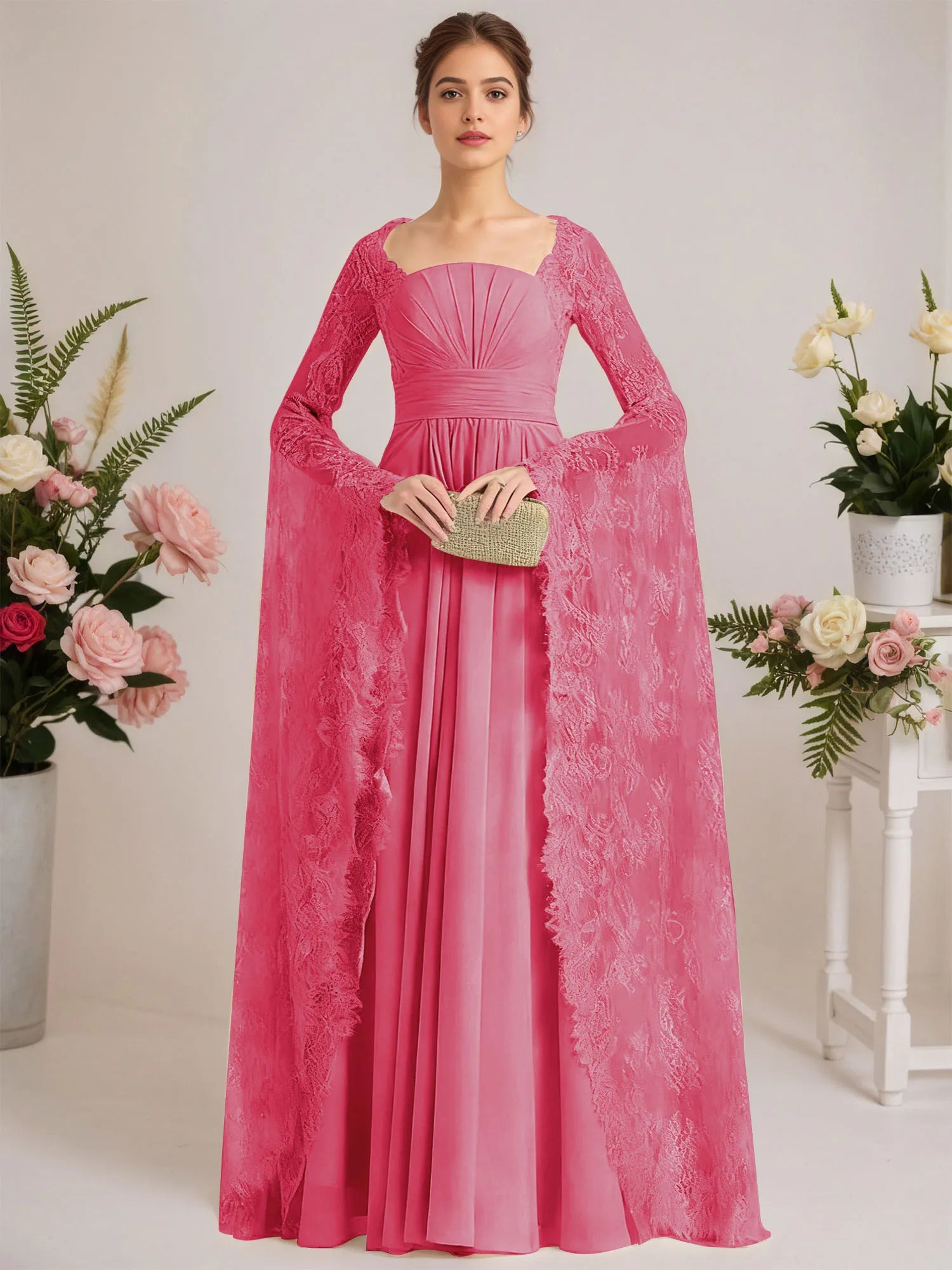 A-line Square Floor-Length Chiffon Lace Evening Dress With Beading Pleated