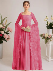 A-line Square Floor-Length Chiffon Lace Evening Dress With Beading Pleated