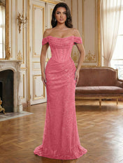 Red Off-The-Shoulder Sequined Corset Mermaid Long Prom Dress