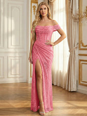 Sparkly Off-the-Shoulder Mesh Ruched Bodice Long Prom Dress with High Slit