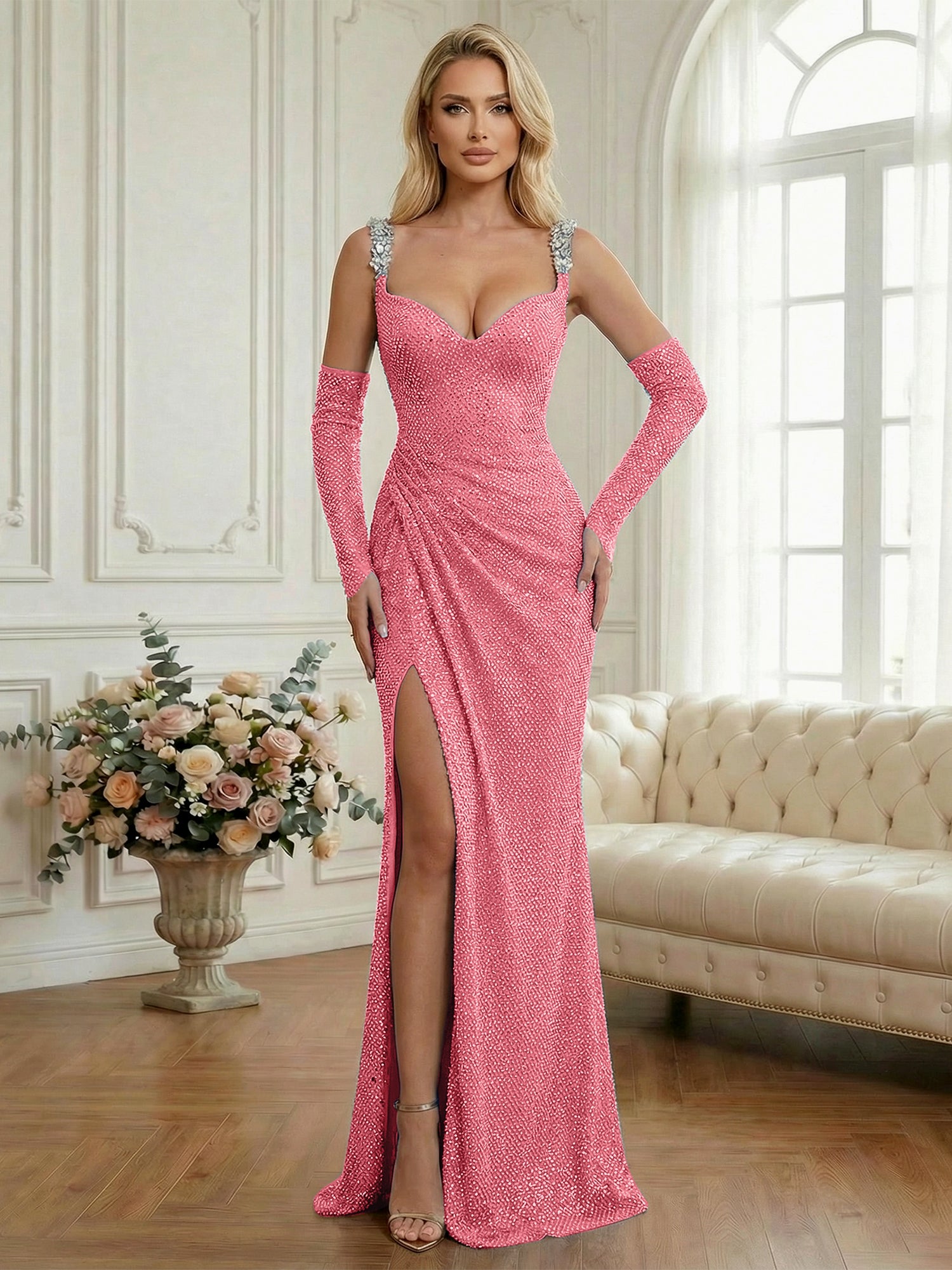 Light Blue Sequin Mermaid Matching Opera Gloves Long Prom Dress with Slit