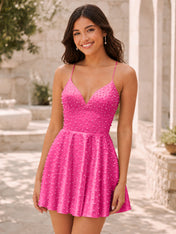 Light Blue V-Neck Pearl Beaded Lace-Up A-Line Short Homecoming Dress