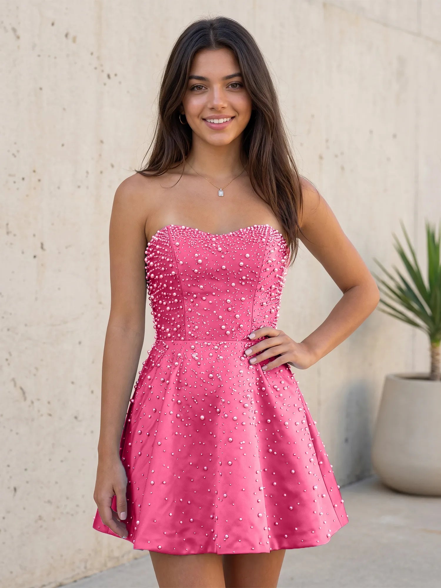 Baby Blue All Over Pearl Strapless Satin A-Line Mini Homecoming Dresses