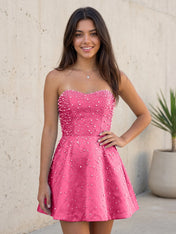 Baby Blue All Over Pearl Strapless Satin A-Line Mini Homecoming Dresses