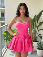 Fuchsia Pearl Corset Short Homecoming Dresses Large Waist Bow Lace Up Back