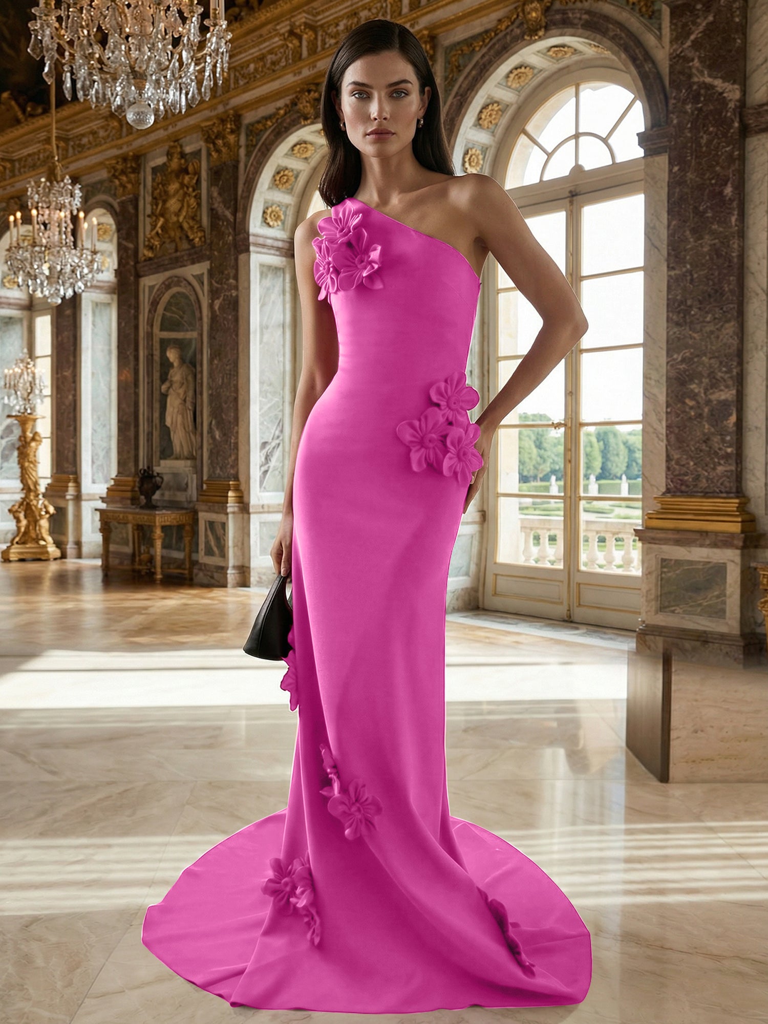 A Line One Shoulder Sleeveless Floor Length Stretch Crepe Dress With 3D Flowers