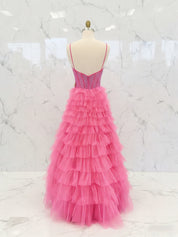 Hot Pink Crystal Corset Tiered Ruffle Long Prom Dress