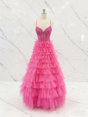 Hot Pink Crystal Corset Tiered Ruffle Long Prom Dress